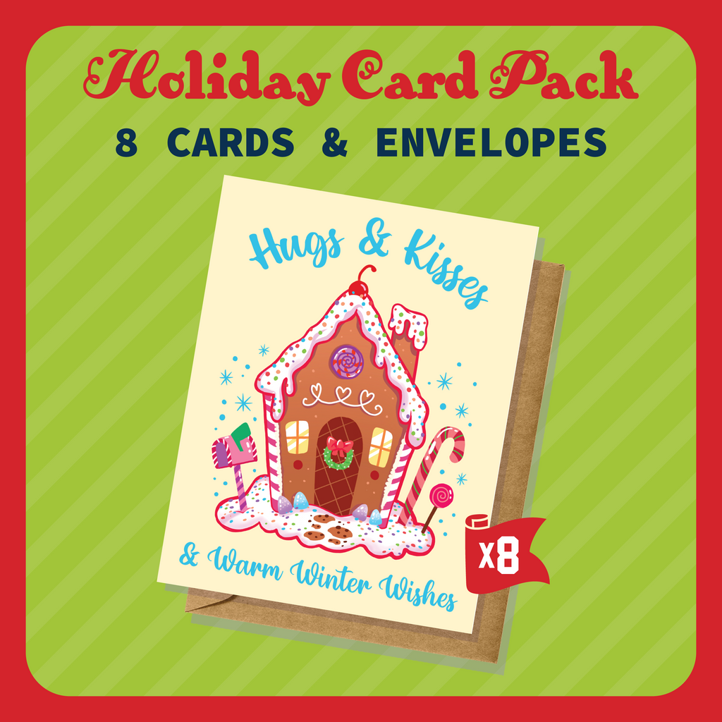 Hugs & Kisses & Warm Winter Wishes Holiday/Christmas Greeting Card Pack - 8 Cards & Envelopes