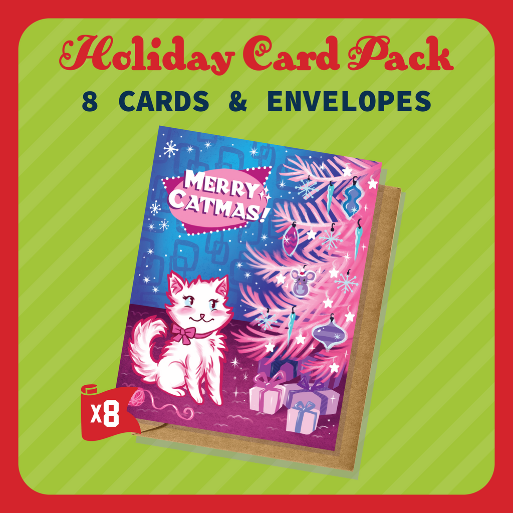 Merry Catmas Retro Holiday/Christmas Greeting Card Pack - 8 Cards & Envelopes