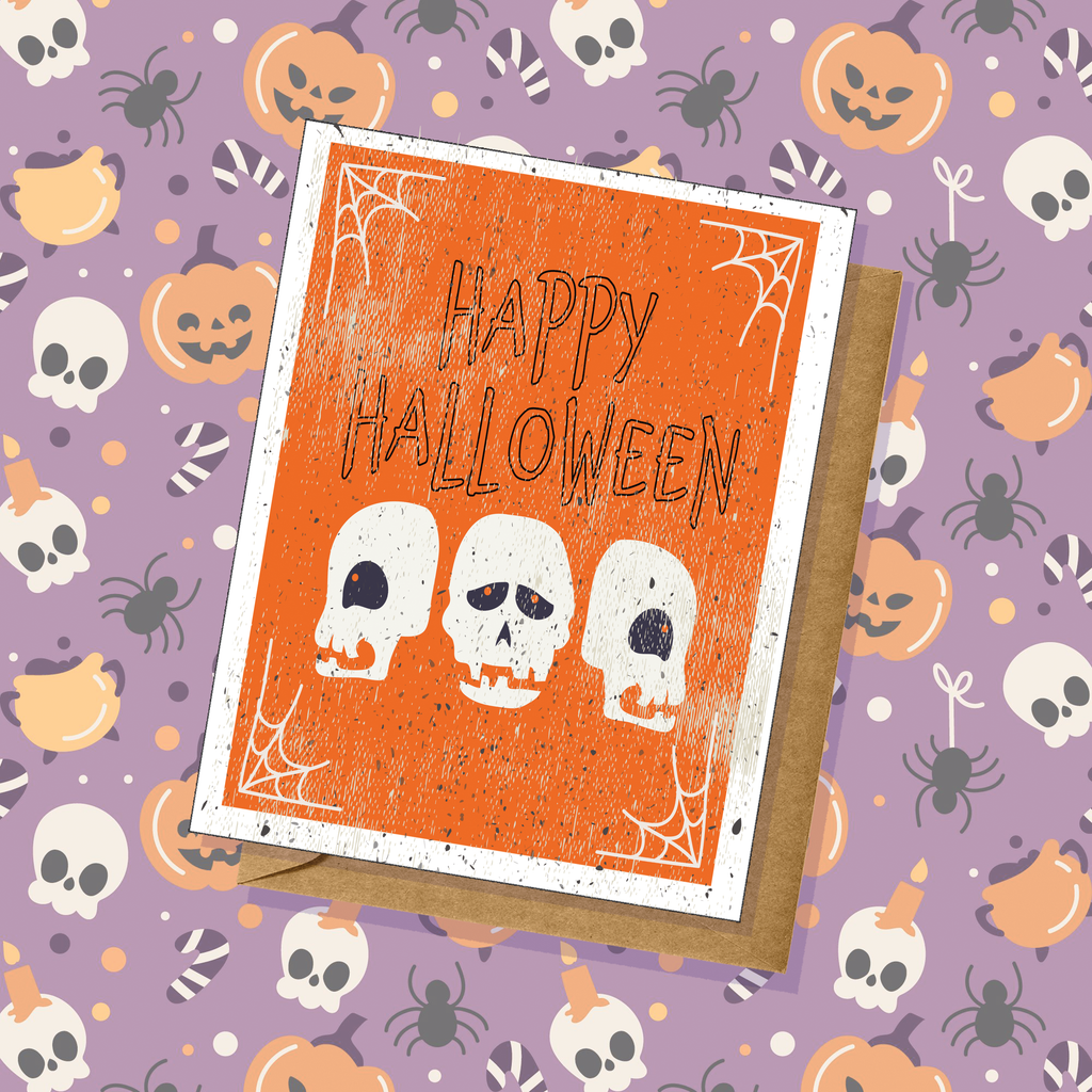 Halloween Hand-Illustrated "Happy Halloween" Skulls Greeting Card