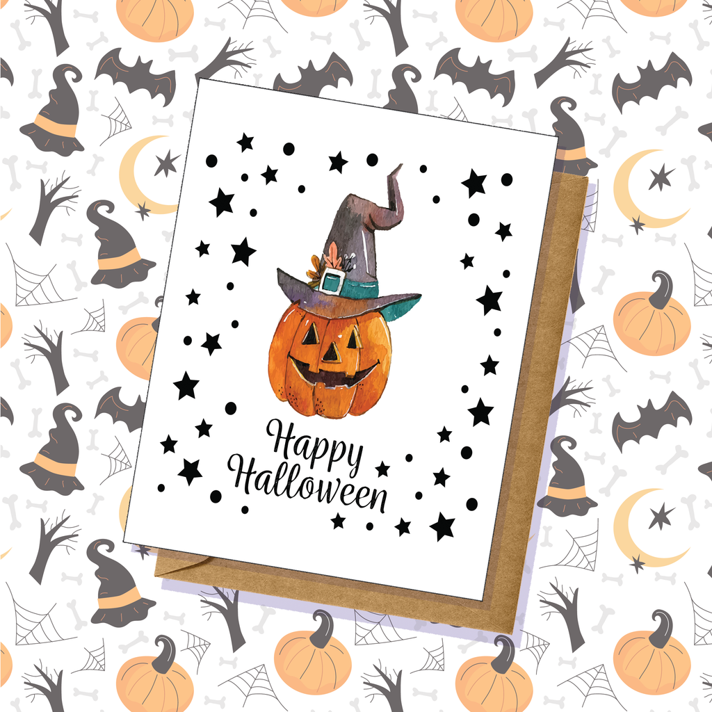 Halloween Hand-Illustrated "Happy Halloween" Pumpkin Greeting Card