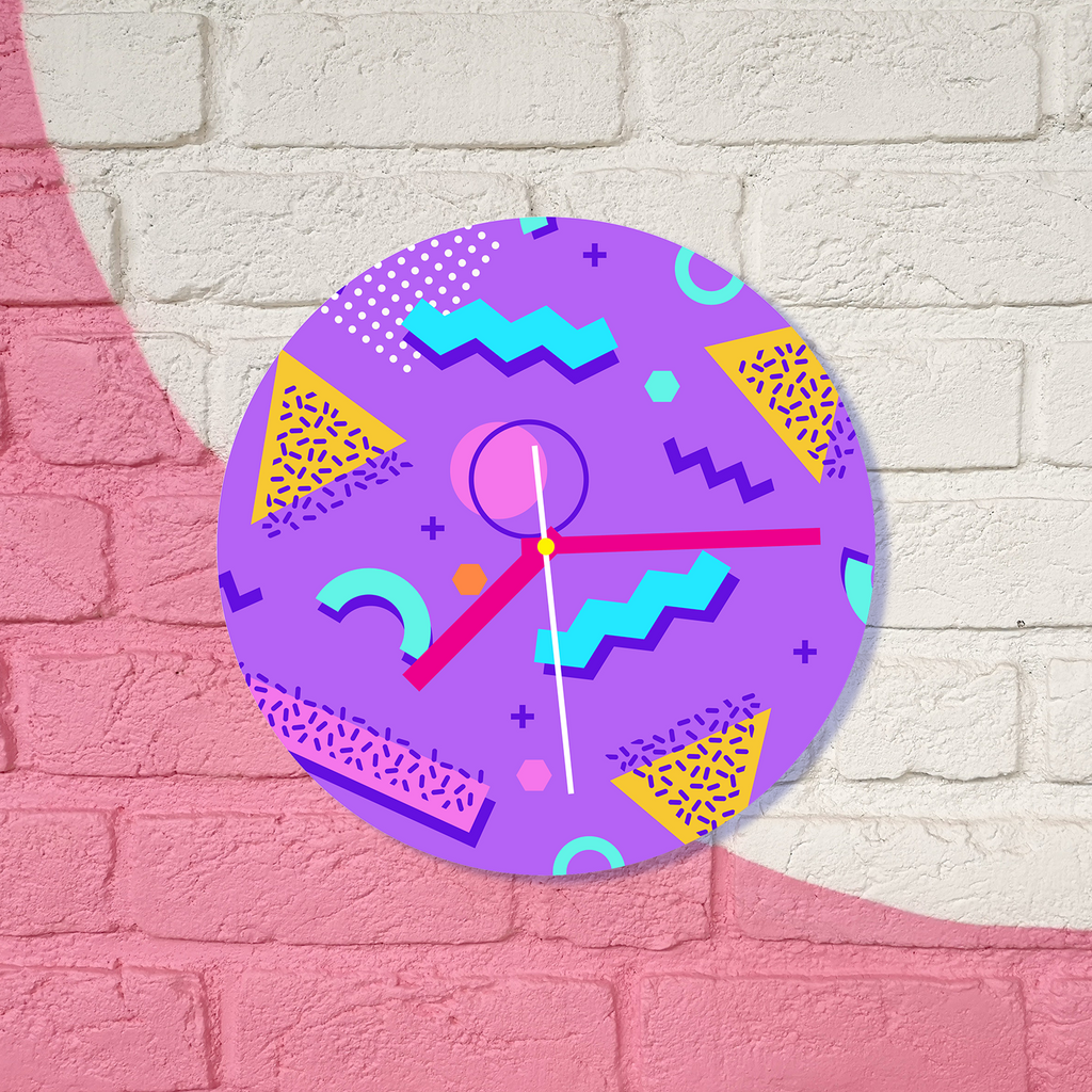 Neon Lavender with Memphis Pattern Glass Wall Clock