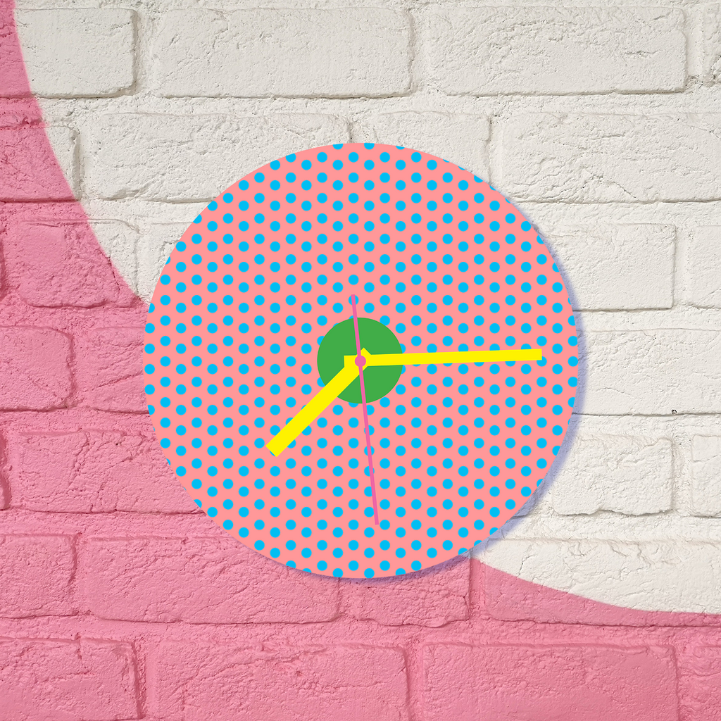 Neon Pink with Blue Dots and Green Accent Glass Wall Clock
