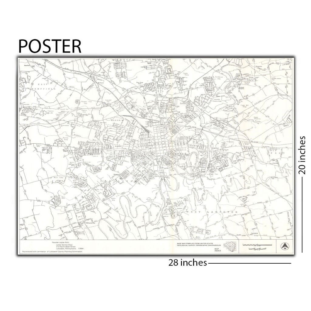 Vintage Central Lancaster, PA Map 20 x 28 Poster