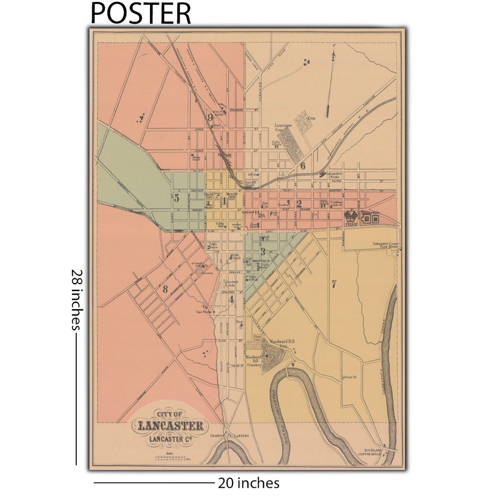 Vintage Lancaster City PA Neighborhoods Map  20 x 28 Poster