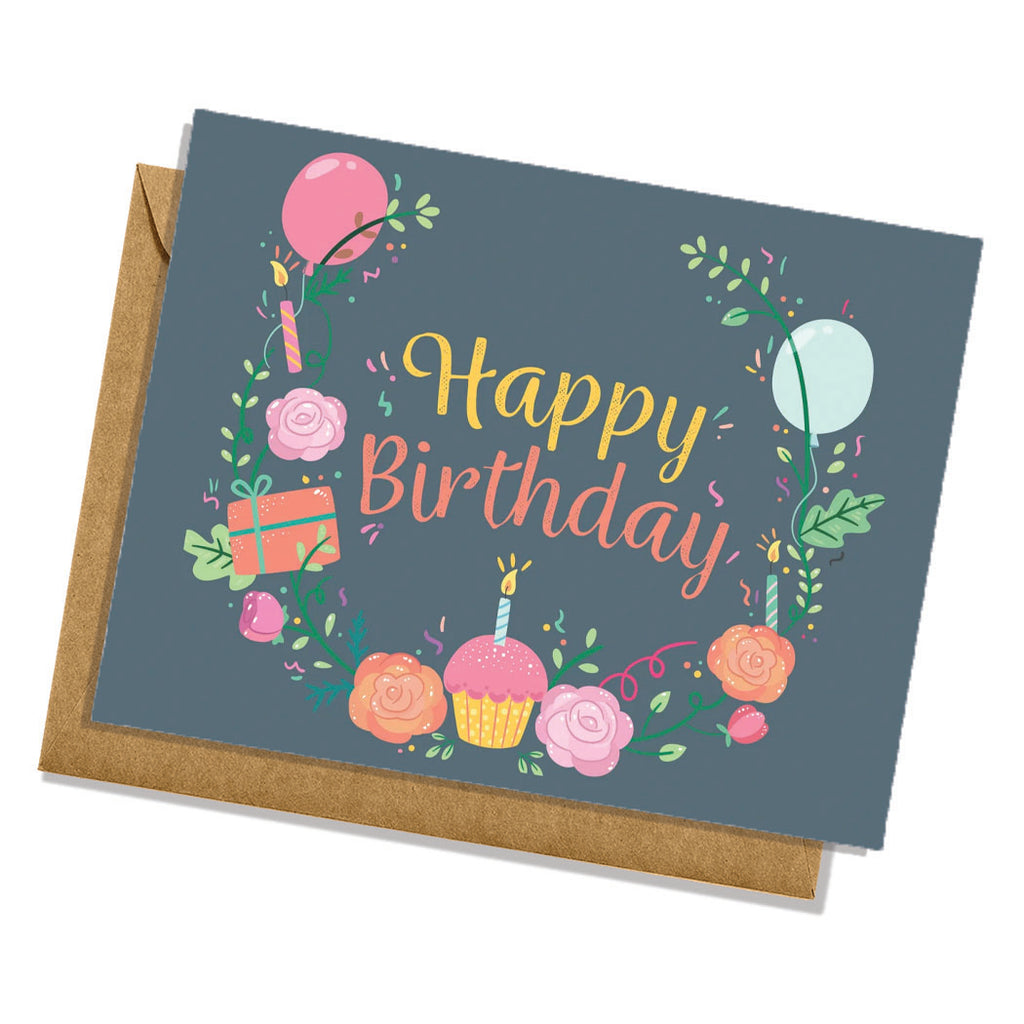 Hand-Illustrated Floral Birthday Card with Cupcake