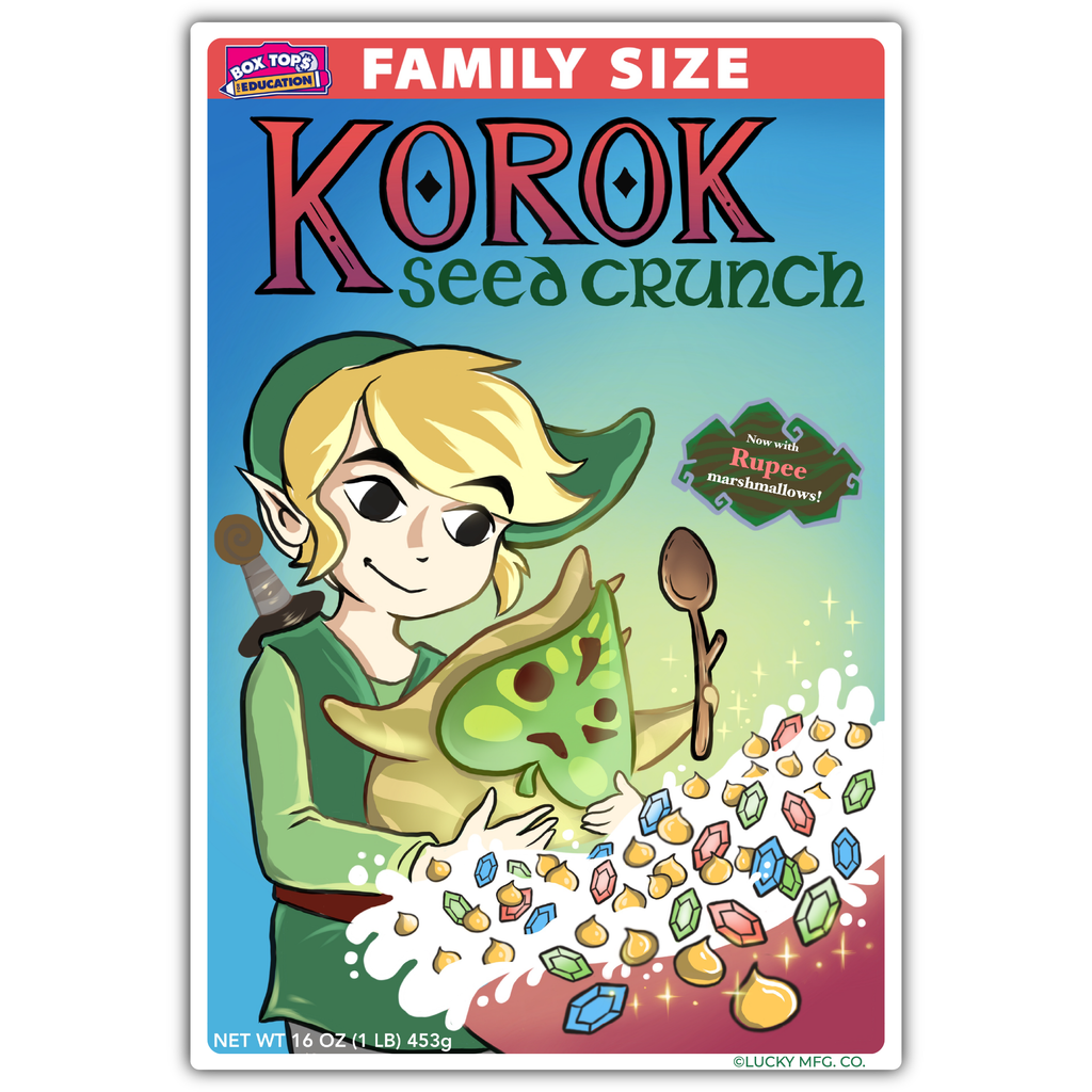 Legend of Zelda "Korok Seed Crunch" Cereal Parody Vinyl Sticker