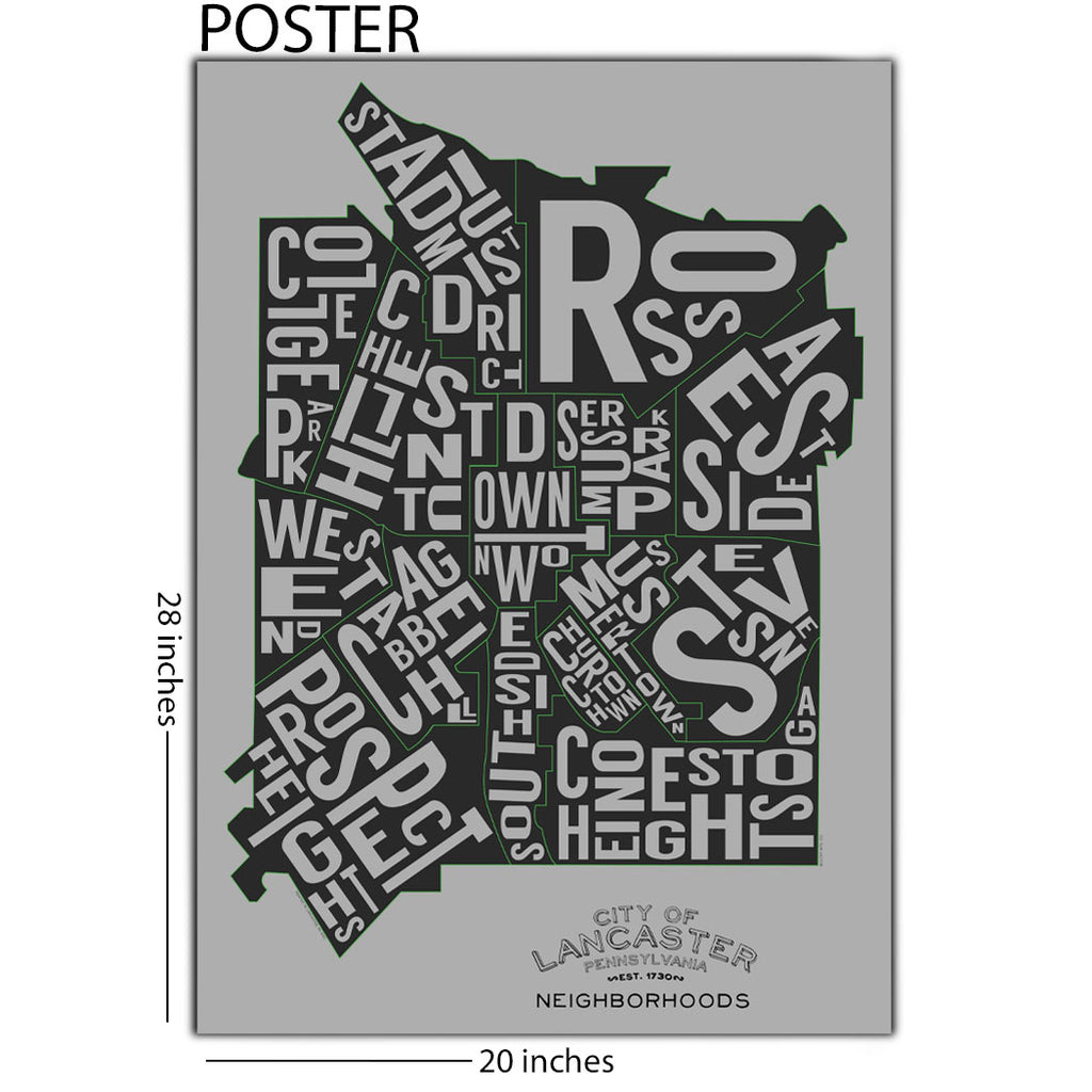 Neighborhood Typography Map Lancaster City PA 20 x 28 Poster