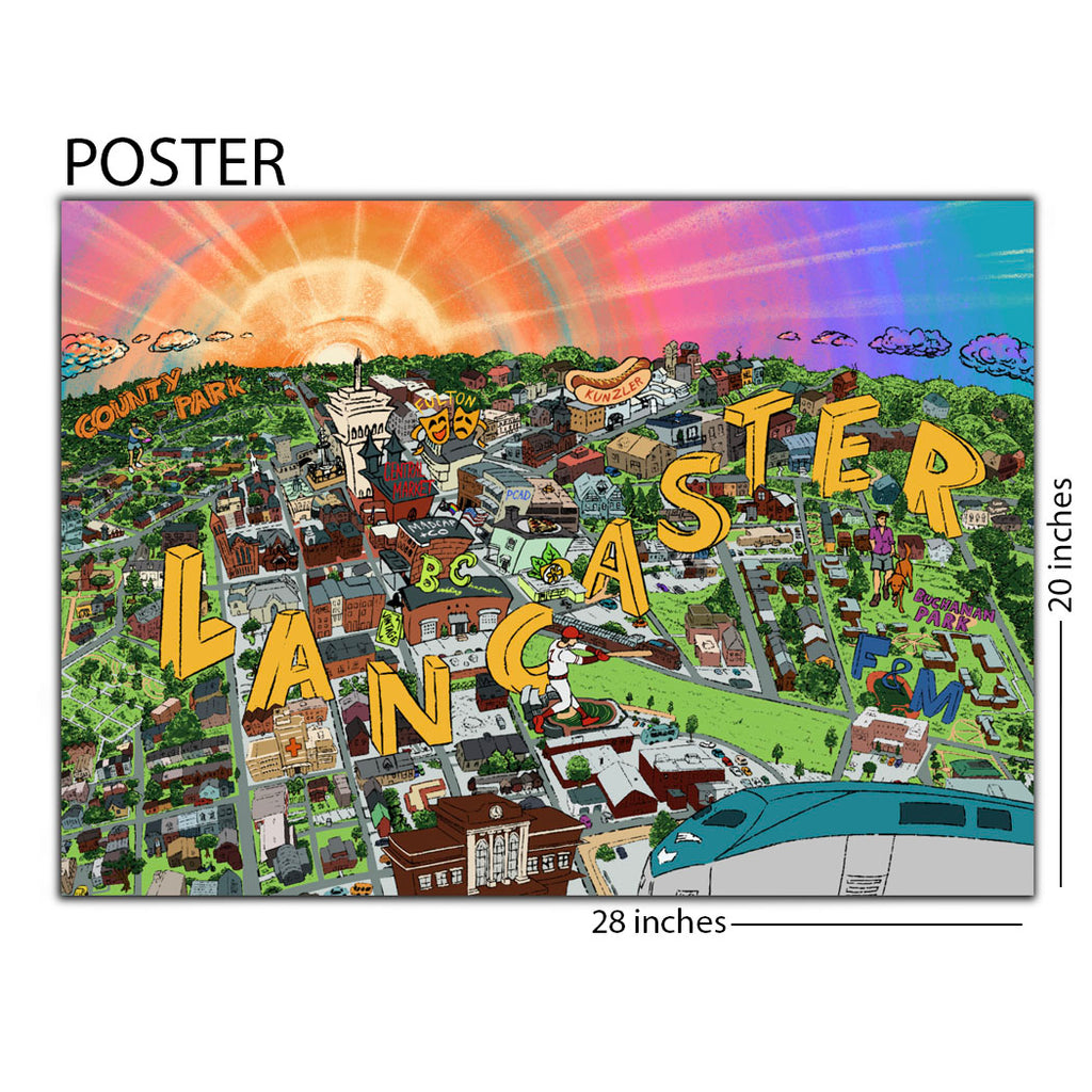 Illustrated Caricature Map of Lancaster City PA 20 x 28 Poster