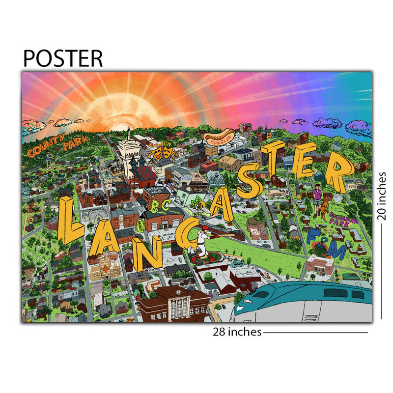 Illustrated Caricature Map of Lancaster City PA 20 x 28 Poster