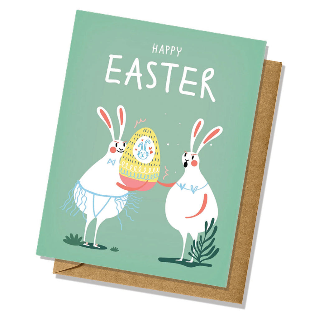 Rabbits Pastel Green Easter Card Celebrate Candy Easter Eggs Made in US