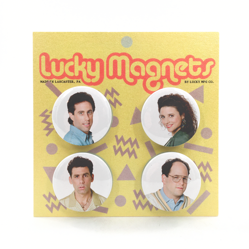 Seinfeld Button Magnets Set of 4 Jerry Seinfeld Elaine Benes Cosmo Kramer George Costanza Sitcom 80s 90s Nostalgia