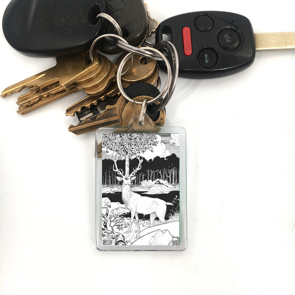 Tree Deer Vintage Illustration Plastic Keychain