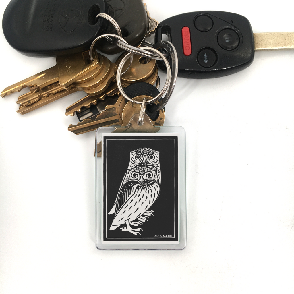 Block Print Owls Vintage Illustration Plastic Keychain