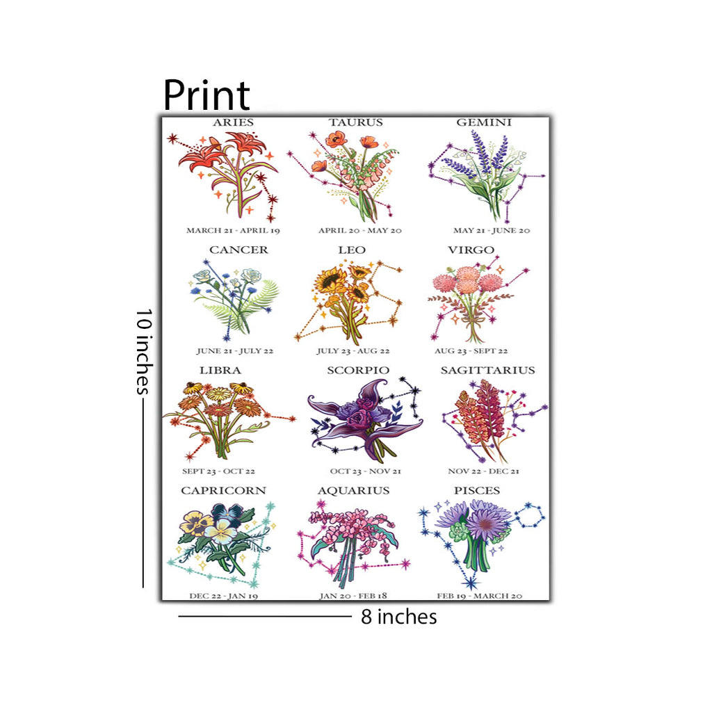 Zodiac Sign Flowers & Dates 8x10 Print