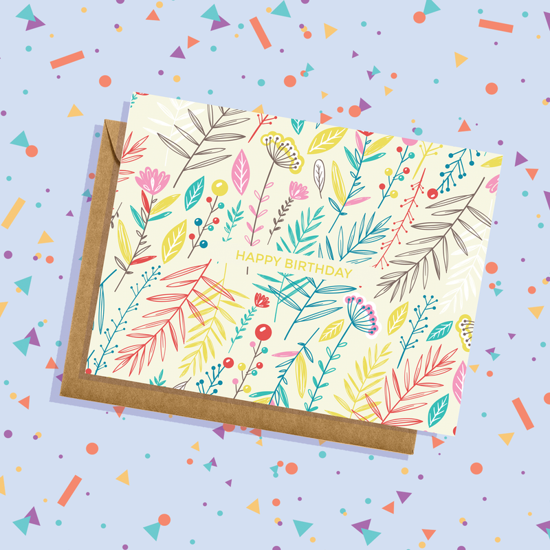 Colorful Hand-Sketched Ferns Birthday Card