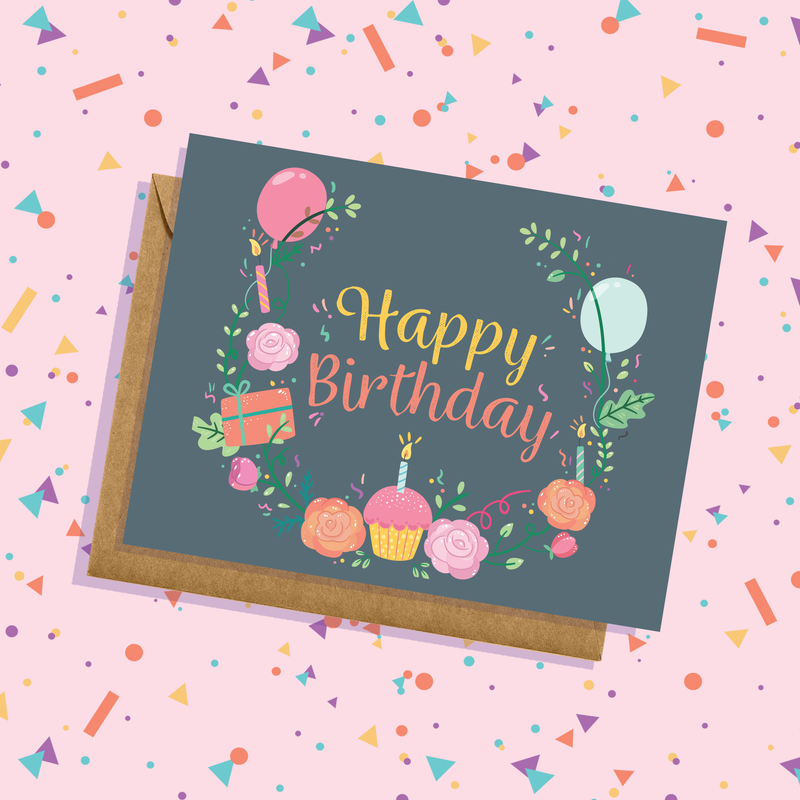 Hand-Illustrated Floral Birthday Card with Cupcake