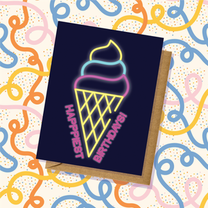 Neon Sign Pink, Yellow and Blue Ice Cream Birthday Card