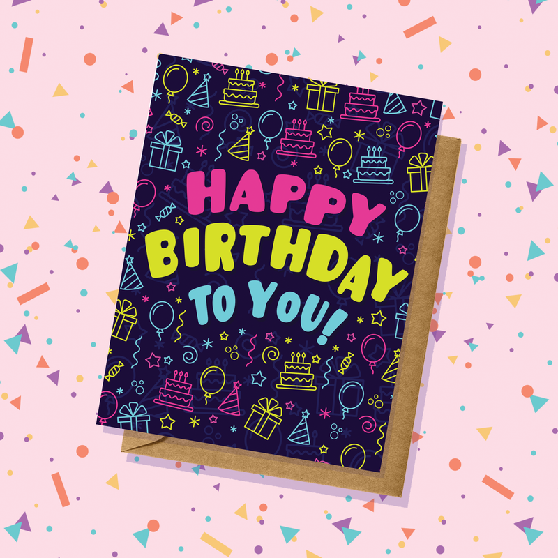 Neon Pink, Yellow and Blue Confetti Birthday Card