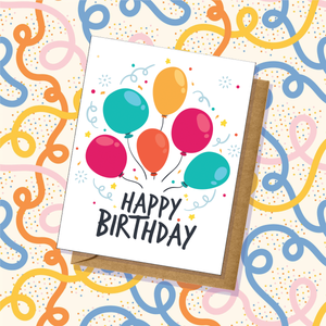 Colorful Party Balloons and Confetti Birthday Card