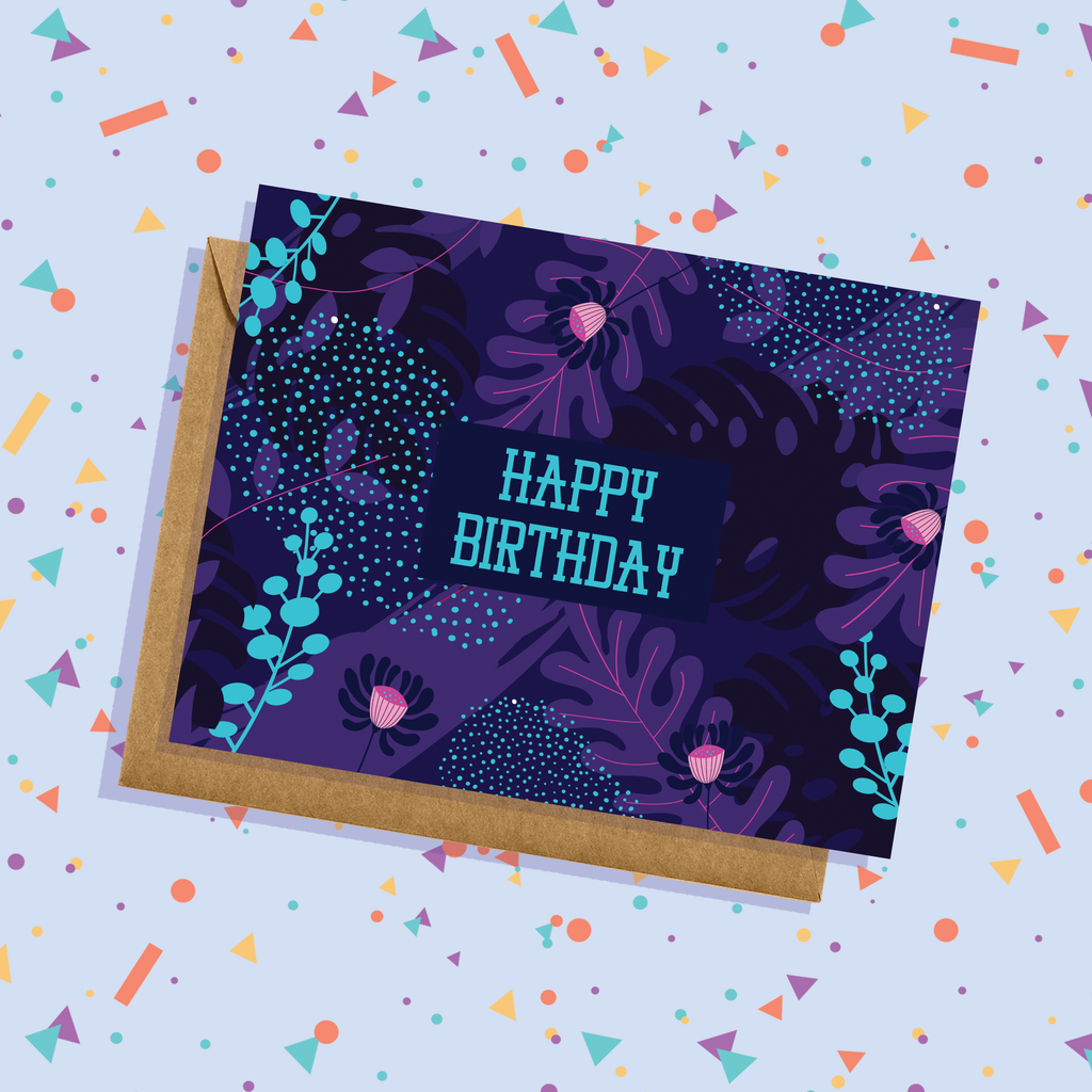 Floral Deep Purple, Blue and Pink Birthday Card