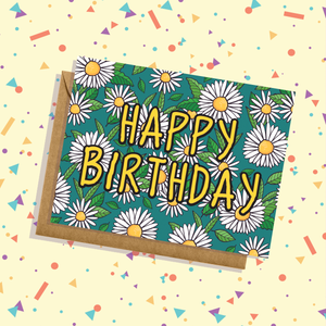Floral Blue and Green with Daisies Birthday Card