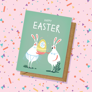 Rabbits Pastel Green Easter Card Celebrate Candy Easter Eggs Made in US