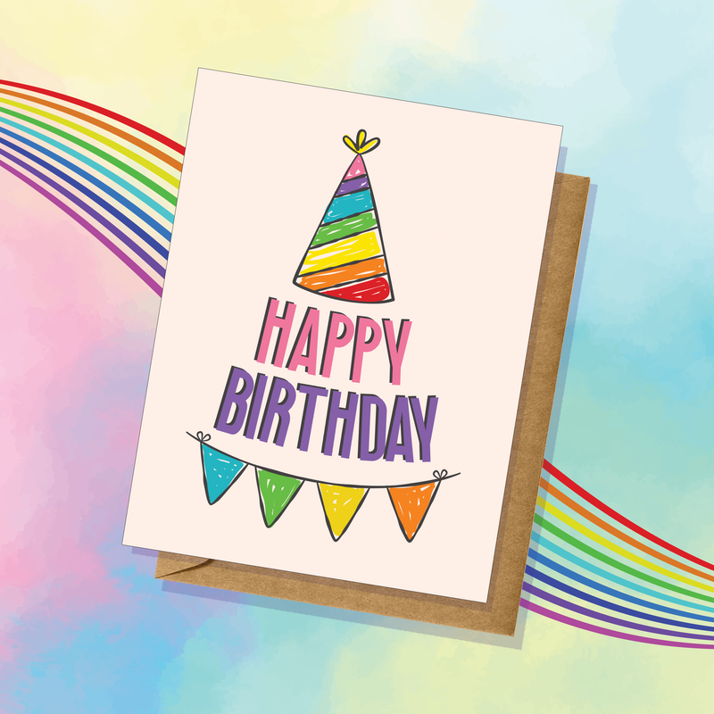 Party Hat Birthday Card Rainbow Greeting cards Celebrate Pride Small Batch Made in USA || Blank Inside Support Small