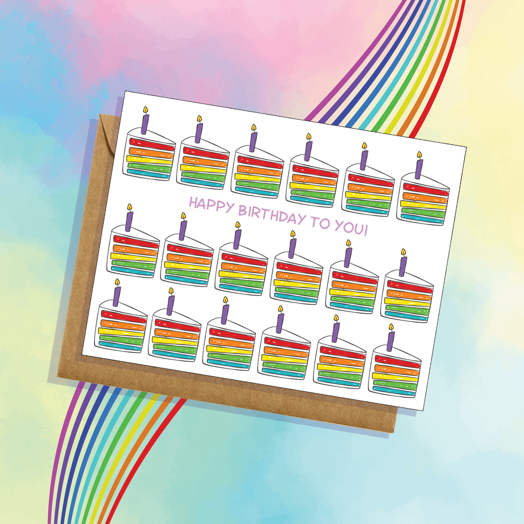 Happy Birthday Rainbow Cake Card Pride Ally LGBTQIA2+ Love Candles