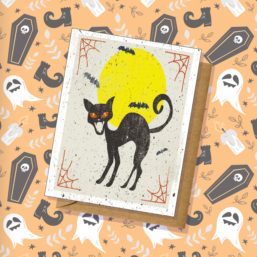 Halloween Hand-Illustrated Black Cat Greeting Card