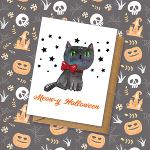 Halloween Hand-Illustrated "Meow-y Halloween" Greeting Card