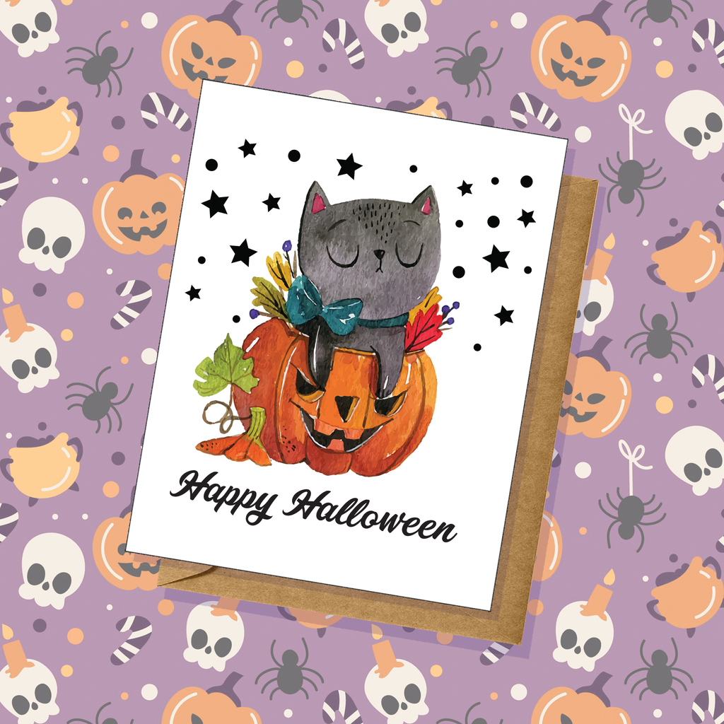 Halloween Hand-Illustrated Cat in Pumpkin Greeting Card