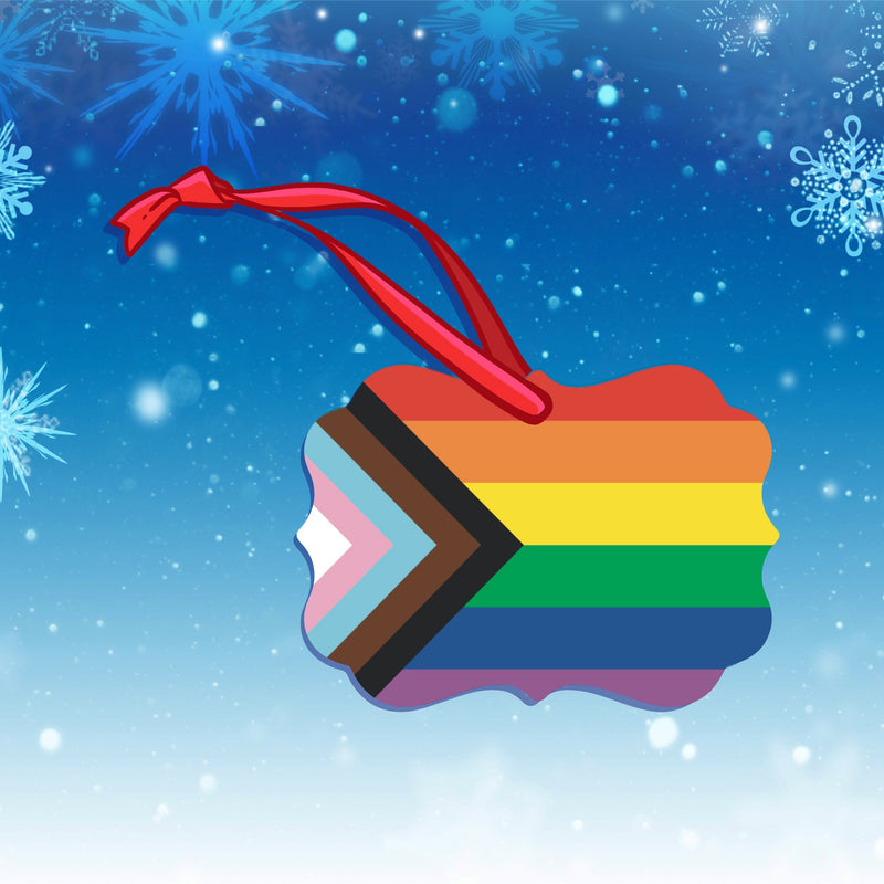 LGBTQ+ Pride Progress Flag Holiday Christmas Tree Ornament || Hand-Illustrated || Made in USA || Rainbow || Gay Pride ||