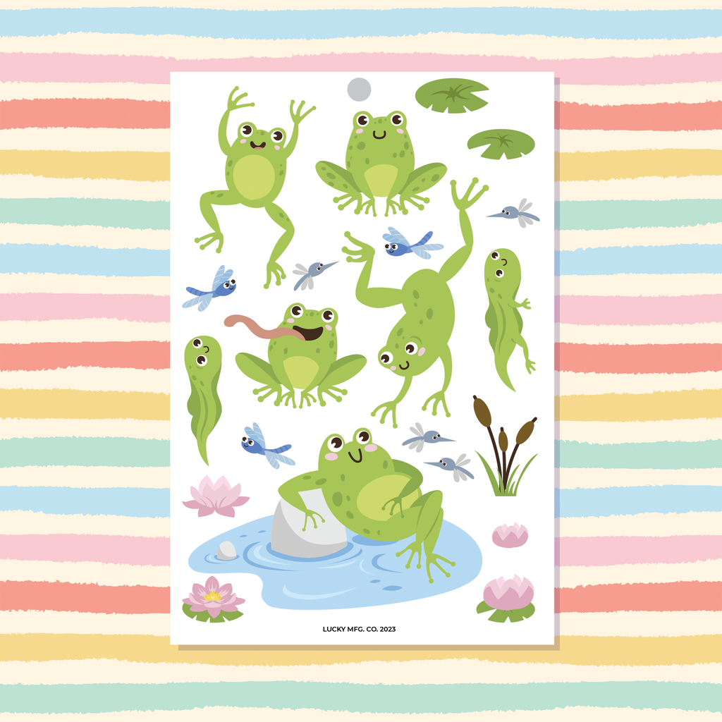 Frogs, Tadpoles, & Lily Pads 4x6 Vinyl Sticker Sheet