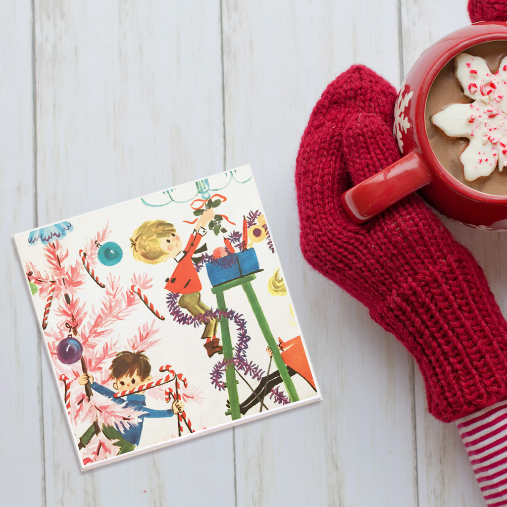 50s-Inspired Christmas Tree Illustration Holiday Coaster