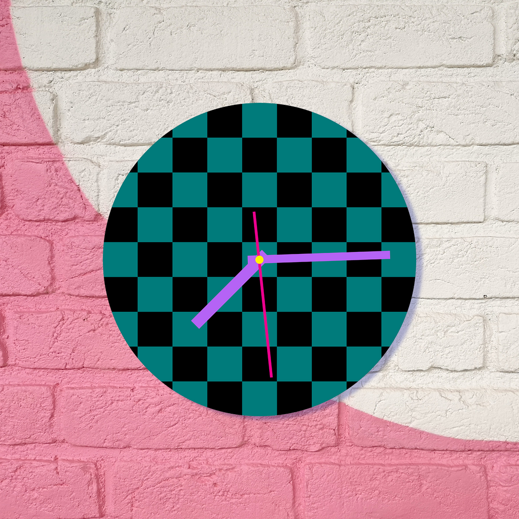 Turquoise and Black Checker Pattern Glass Wall Clock