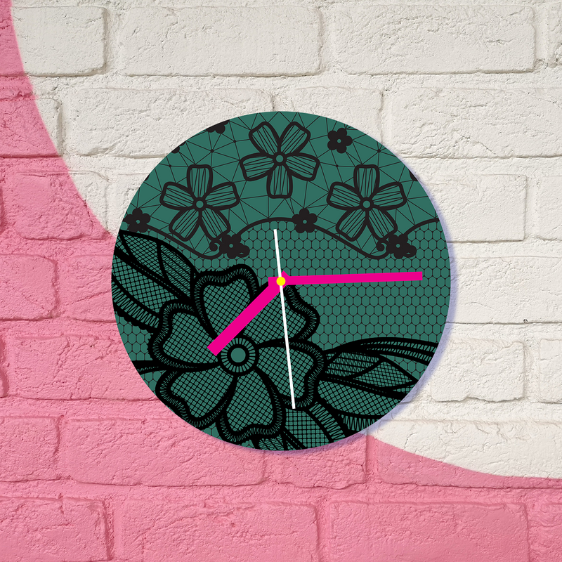 Turquoise with Black Floral Lace Pattern Glass Wall Clock