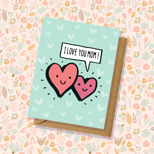 I Love You Mom! Mother's Day Card Cute, Simple Hearts For Mom or Grandma Handmade in USA Blank Inside Greeting Cards