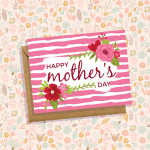 Happy Mother's Day Card Stripes & Florals Cute, Simple Pink Handmade in USA Blank Inside Greeting Cards