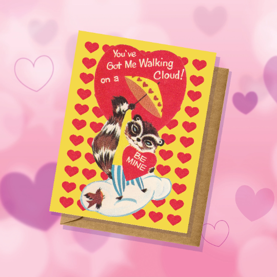 Vintage-Inspired Raccoon Valentine's Day Card You've Got Me Walking On A Cloud Be Mine Pun Small Batch Love Anniversary